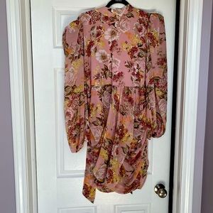 18W LAVISH ALICE Floral Long Sleeve Open Back Chiffon Minidress In Pink Rose